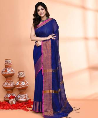 navy blue and megenta pink cotton saree with running blouse 1