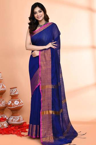 navy blue and megenta pink cotton saree with running blouse