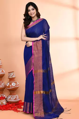 navy blue and megenta pink cotton saree with running blouse
