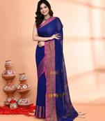 navy blue and megenta pink cotton saree with running blouse