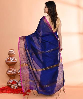 navy blue and megenta pink cotton saree with running blouse 2
