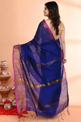 navy blue and megenta pink cotton saree with running blouse