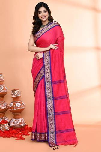 pink and blue cotton saree with running blouse
