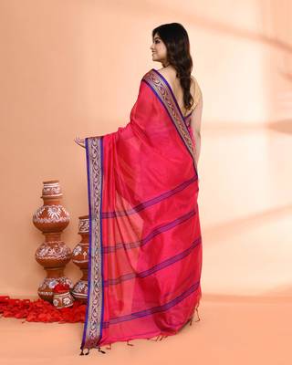 pink and blue cotton saree with running blouse 2