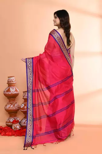 pink and blue cotton saree with running blouse
