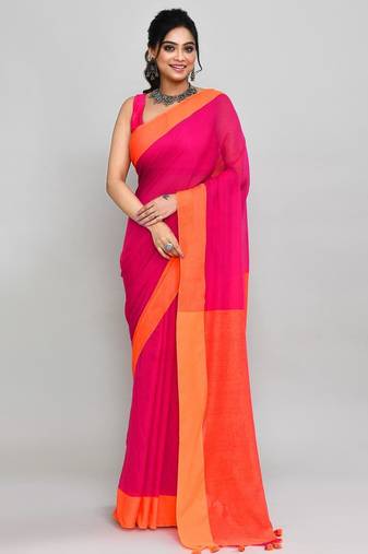 orange and pink cotton saree with running blouse