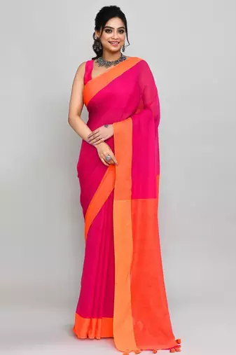orange and pink cotton saree with running blouse