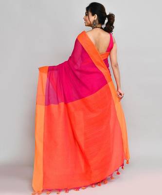 orange and pink cotton saree with running blouse 2