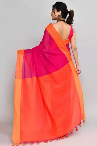 orange and pink cotton saree with running blouse