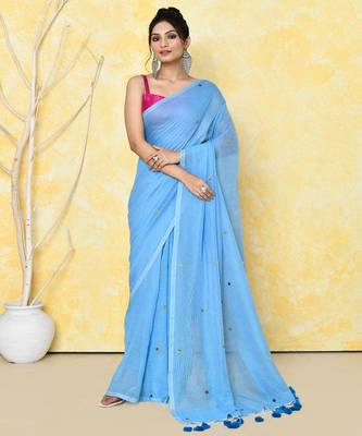 sky blue cotton saree with running blouse 1