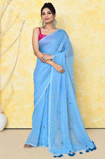 sky blue cotton saree with running blouse