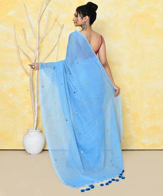 sky blue cotton saree with running blouse 2