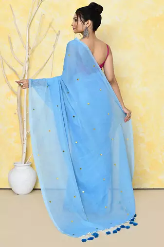 sky blue cotton saree with running blouse
