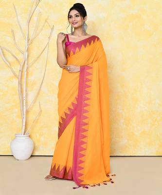 orange and pink cotton saree with running blouse 1