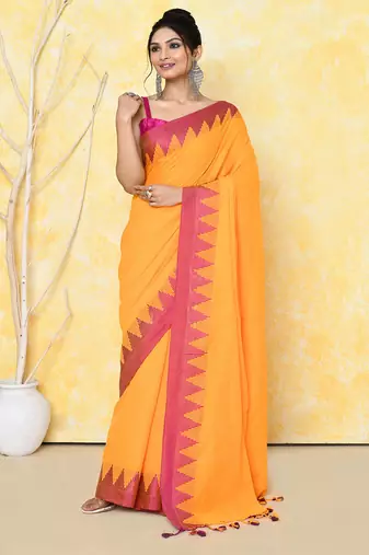 orange and pink cotton saree with running blouse