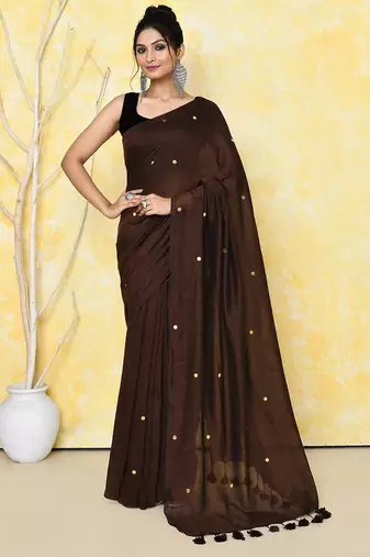 coffee brown cotton saree with running blouse