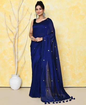 navy blue cotton saree with running blouse 1