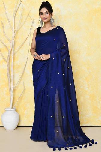 navy blue cotton saree with running blouse