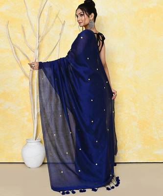 navy blue cotton saree with running blouse 2