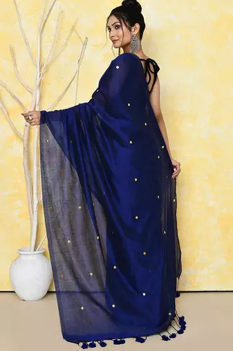 navy blue cotton saree with running blouse