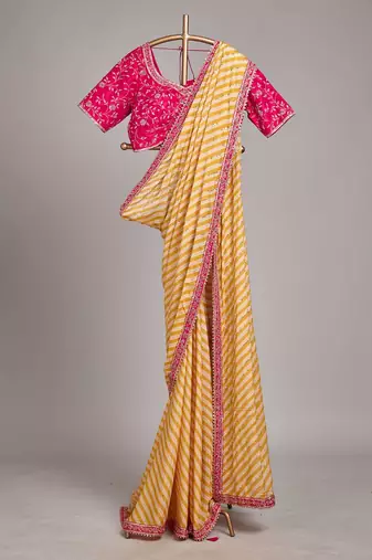 yellow vichitra silk blend leheriya saree
