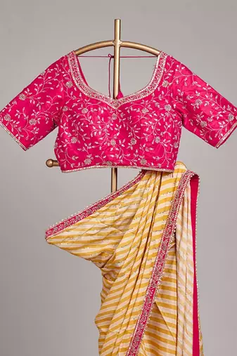 yellow vichitra silk blend leheriya saree