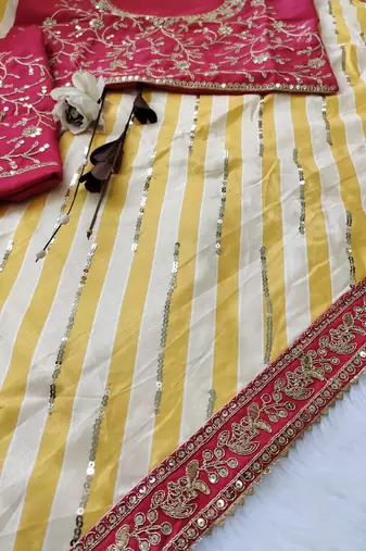 yellow vichitra silk blend leheriya saree
