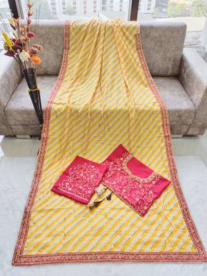 yellow vichitra silk blend leheriya saree 4
