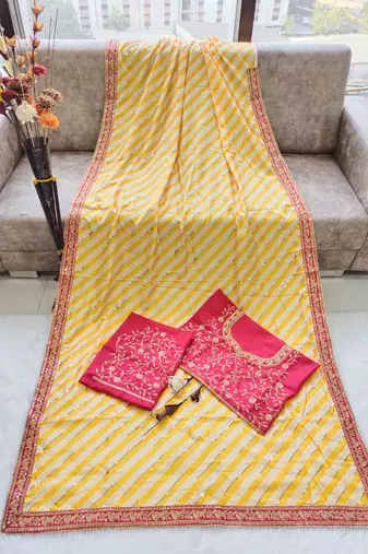 yellow vichitra silk blend leheriya saree