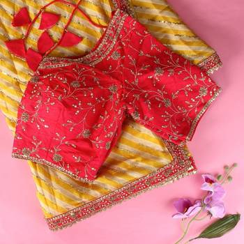 yellow vichitra silk blend leheriya saree 5