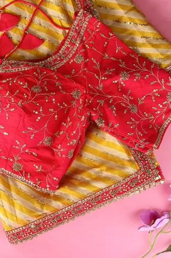 yellow vichitra silk blend leheriya saree