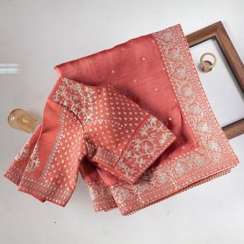 peach organza silk blend saree 1