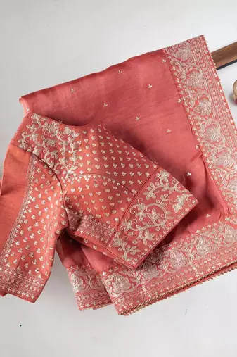 peach organza silk blend saree