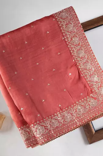 peach organza silk blend saree