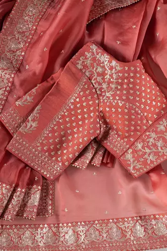 peach organza silk blend saree