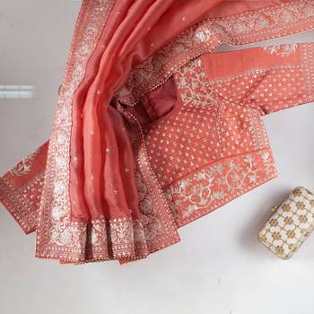 peach organza silk blend saree 5