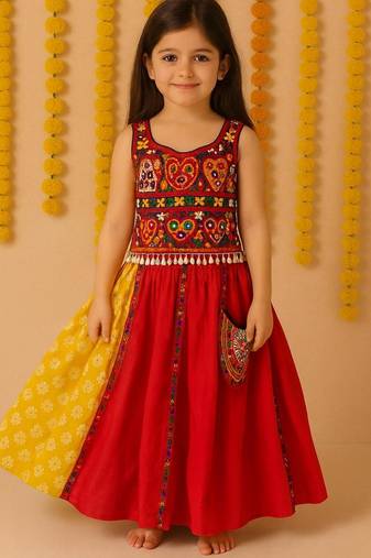Navratri red rayon lehenga set for girls