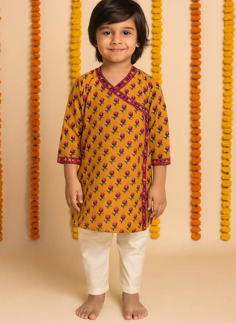 Navratri mustard cotton kurta set for boys