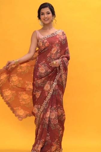maroon faux georgette party wear saree