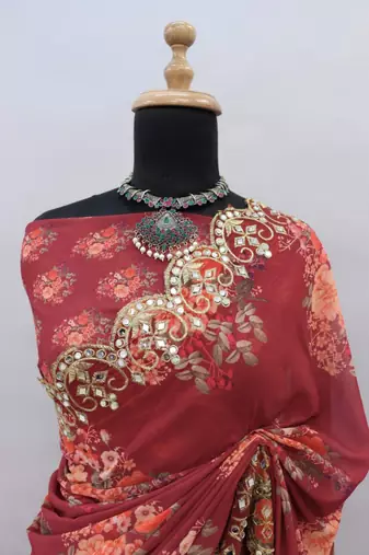 maroon faux georgette party wear saree