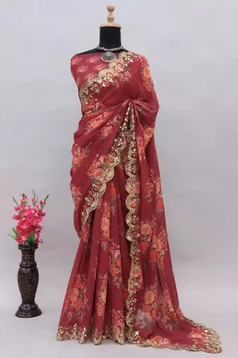 maroon faux georgette party wear saree