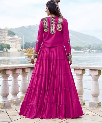 pink Rayon Chaniya Choli with Mirror Gamthi Work & Lace work 2