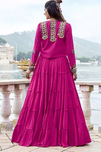 pink Rayon Chaniya Choli with Mirror Gamthi Work & Lace work