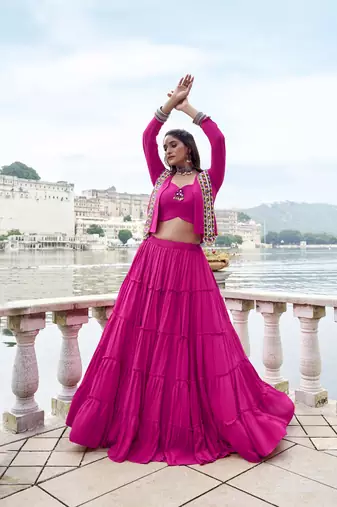 pink Rayon Chaniya Choli with Mirror Gamthi Work & Lace work