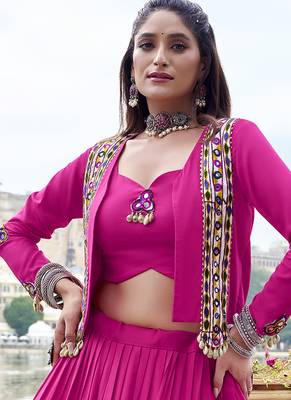 pink Rayon Chaniya Choli with Mirror Gamthi Work & Lace work 4