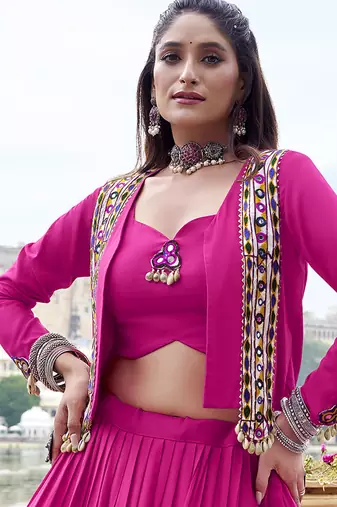 pink Rayon Chaniya Choli with Mirror Gamthi Work & Lace work