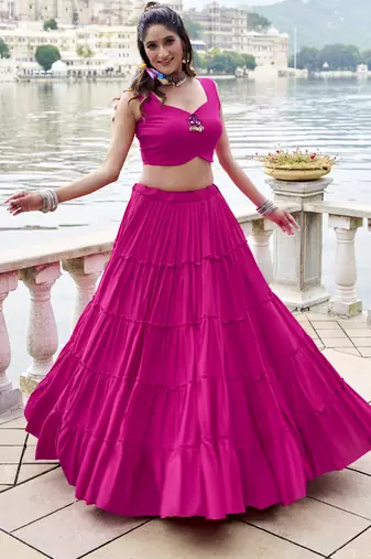 pink Rayon Chaniya Choli with Mirror Gamthi Work & Lace work