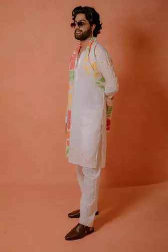 Yellow handwork kurta with handpaint stole