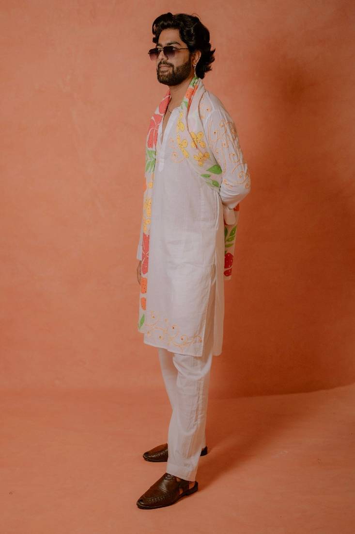 Yellow handwork kurta with handpaint stole