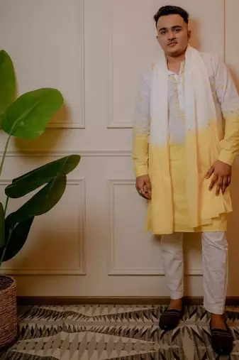 White to yellow handwork kurta with stole